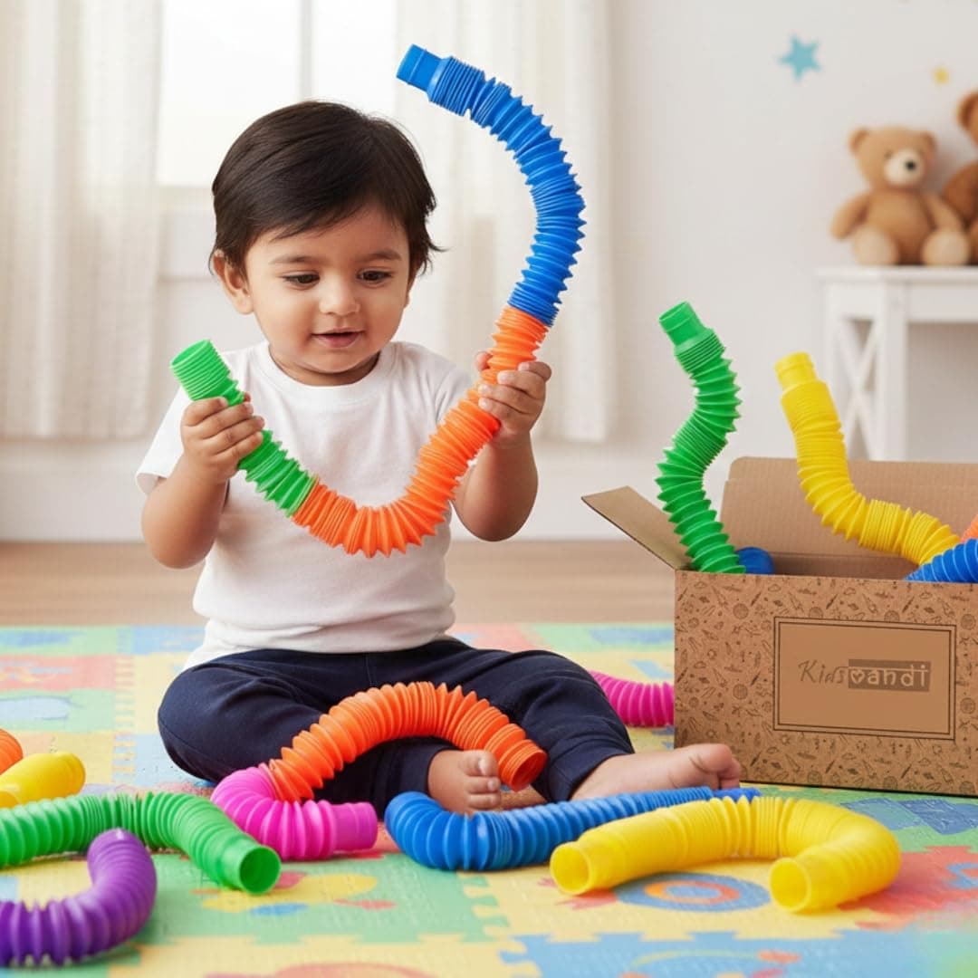 Kids Mandi Pop Tube Sensory Fidget Toy | Multi-Colour Stretchable Pipes | Bendable Finger Toy for Toddlers | Decompression Fun Toy (Pack of 6)
