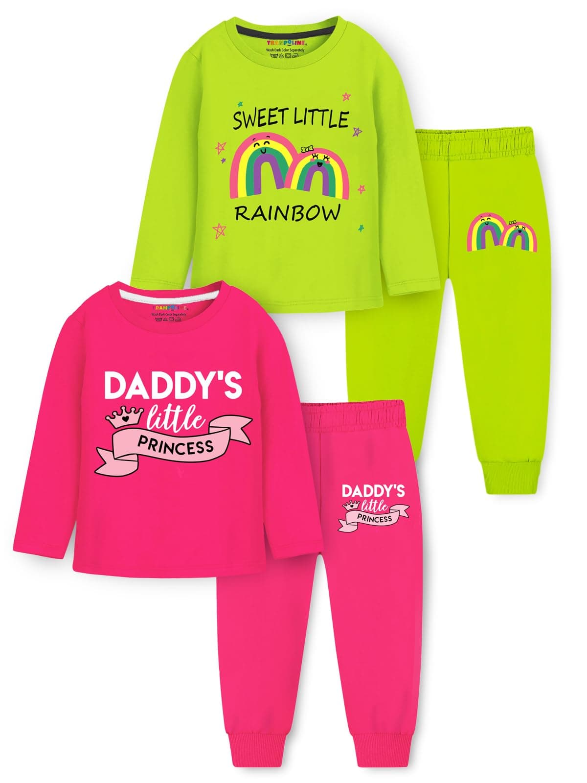 Trampoline Girls Cotton Blend T-Shirt and Pajama Set – Pack of 2 | “Daddy’s Little Princess” & “Sweet Little Rainbow” Printed Clothing Set