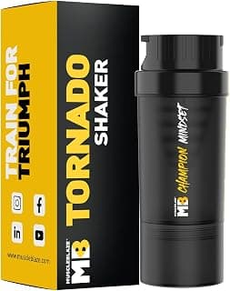 MuscleBlaze Tornado Gym Shaker (Black, 500ml) | Sipper Bottle with Extra Compartment | Leakproof, BPA Free Protein Shaker| Plastic