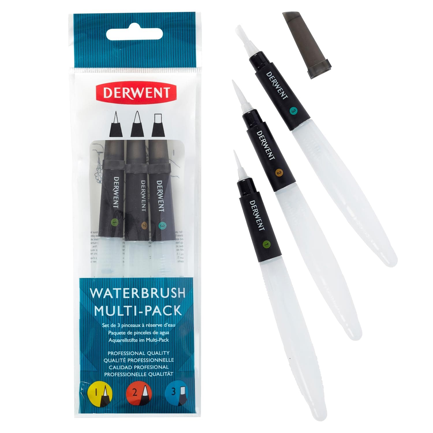 Derwent Waterbrush Multi-Pack Brushes with Clear Water Barrel - Chisel Tip, Fine Tip and Medium Tip (Pack of 3)