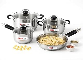 Vinod Stainless Steel Induction and Gas Stove Friendly Master Chef Cookware Set- 4Pieces, Saucepan (16 cm/1.5 Litre), Casserole (18 cm /2.1 L Kadai (20 cm/ 2 Litre) with Glass Lids, Frypan (20 cm).
