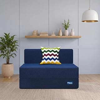 Starlon 1 Seater Foldable Sofa Cum Bed 3-in-1 with 1 Waves Pattern Pillow, Washable Jute Fabric Cover, Space Saving Guest Bed, Pre-Assembled Navy Blue 3x6 Ft