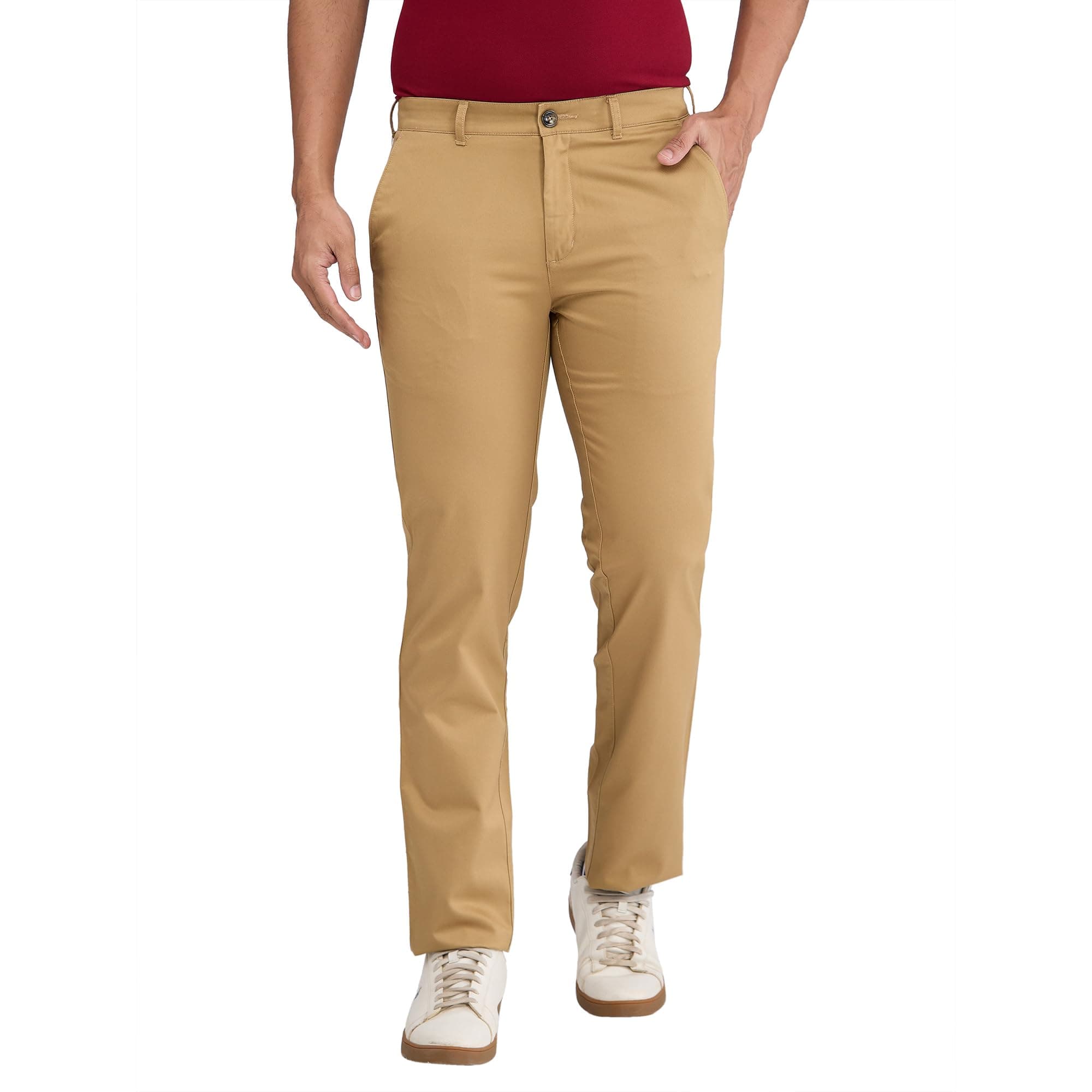 Colorplus Men's Slim Fit Solid Piece Dyed Pattern Pure Cotton Flat Front Casual Trouser