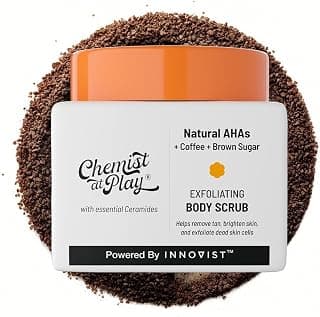 Chemist at Play Exfoliating Body Scrub for Removing Tan & Dead Cells | Rough & Bumpy Texture, Tanned & Pigmented Areas | Smooth, Soft & Bright Care | Natural AHAs | Coffee | For Men & Women | 75g