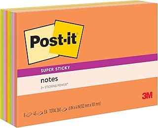 Post-It Super Sticky Notes-Assorted, 6 x 4 Inches, 45-Sheet Pad (8 Pack)