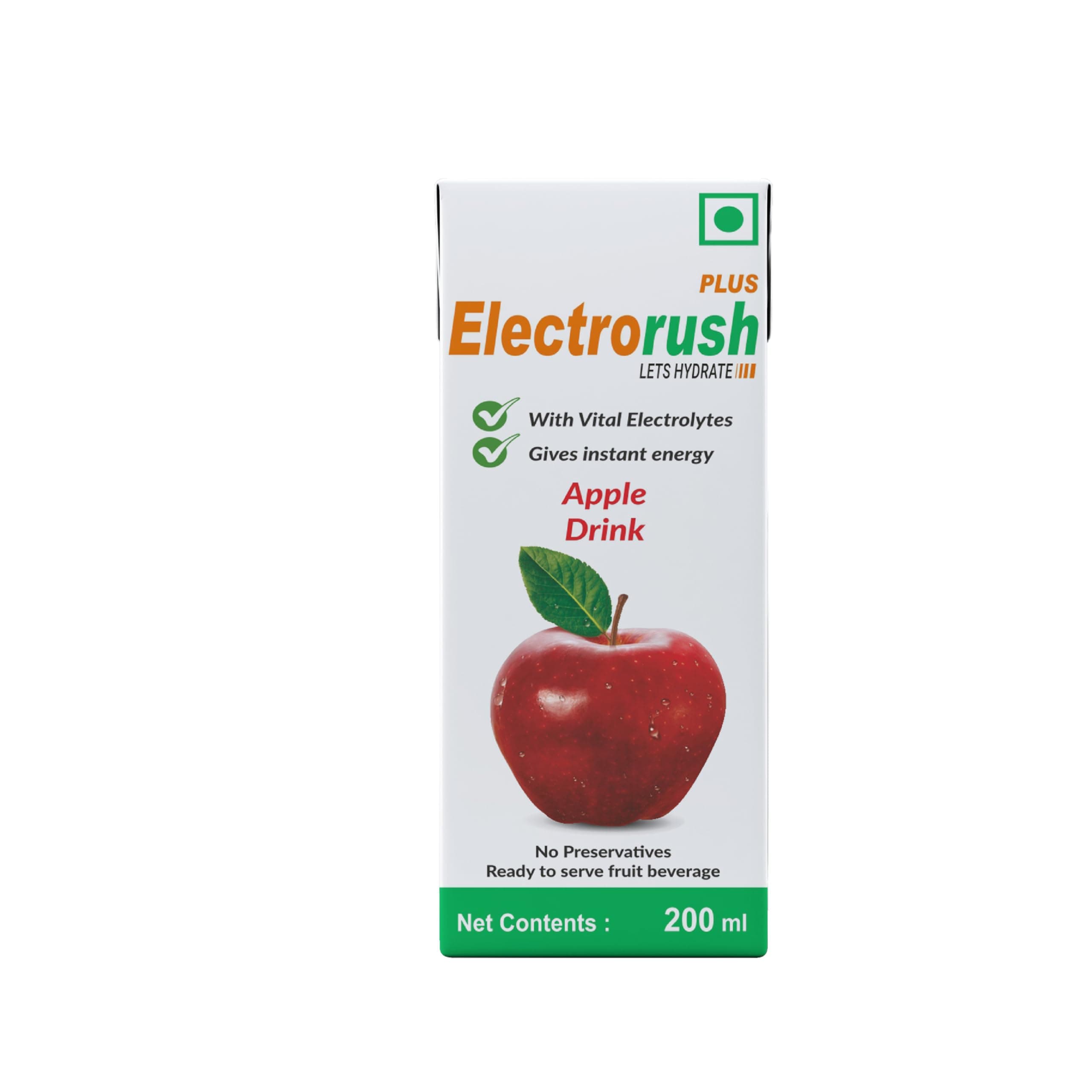 Electrorush Plus Apple Ready-to-Drink Electrolyte Beverage 200ml (Pack of 8) | Instant Energy & Hydration Drink with Vital Electrolytes | Apple Flavour | No Caffeine & Preservatives