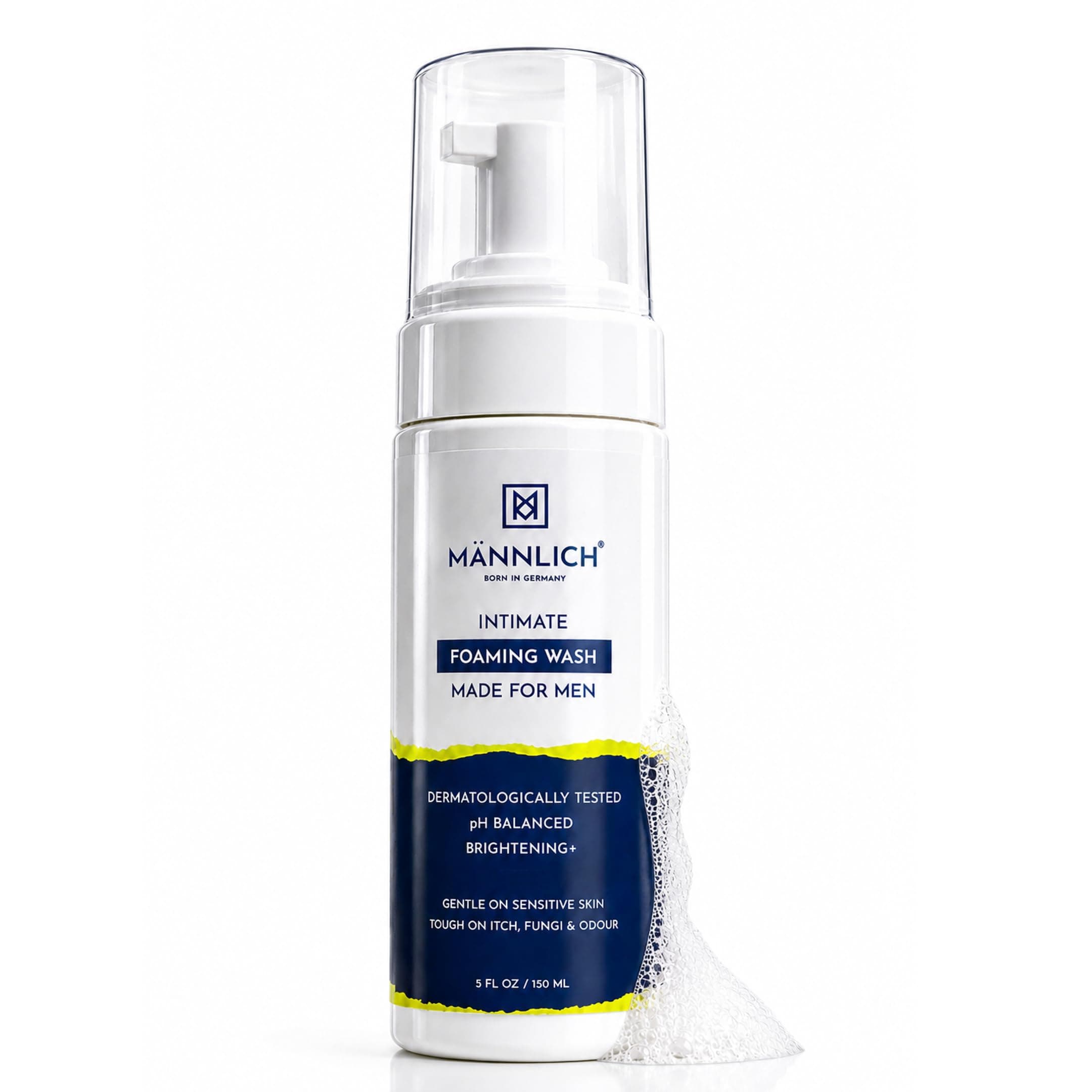Mannlich Intimate Wash for Men (150 ml) Relieves Itchiness & Odour, Prevents Fungal Growth, Genital Area, pH Balanced & Dermatologically Tested With Tea Tree Oil, Neem, Eucalyptus Oil, 1% Salicylic & Lactic Acid