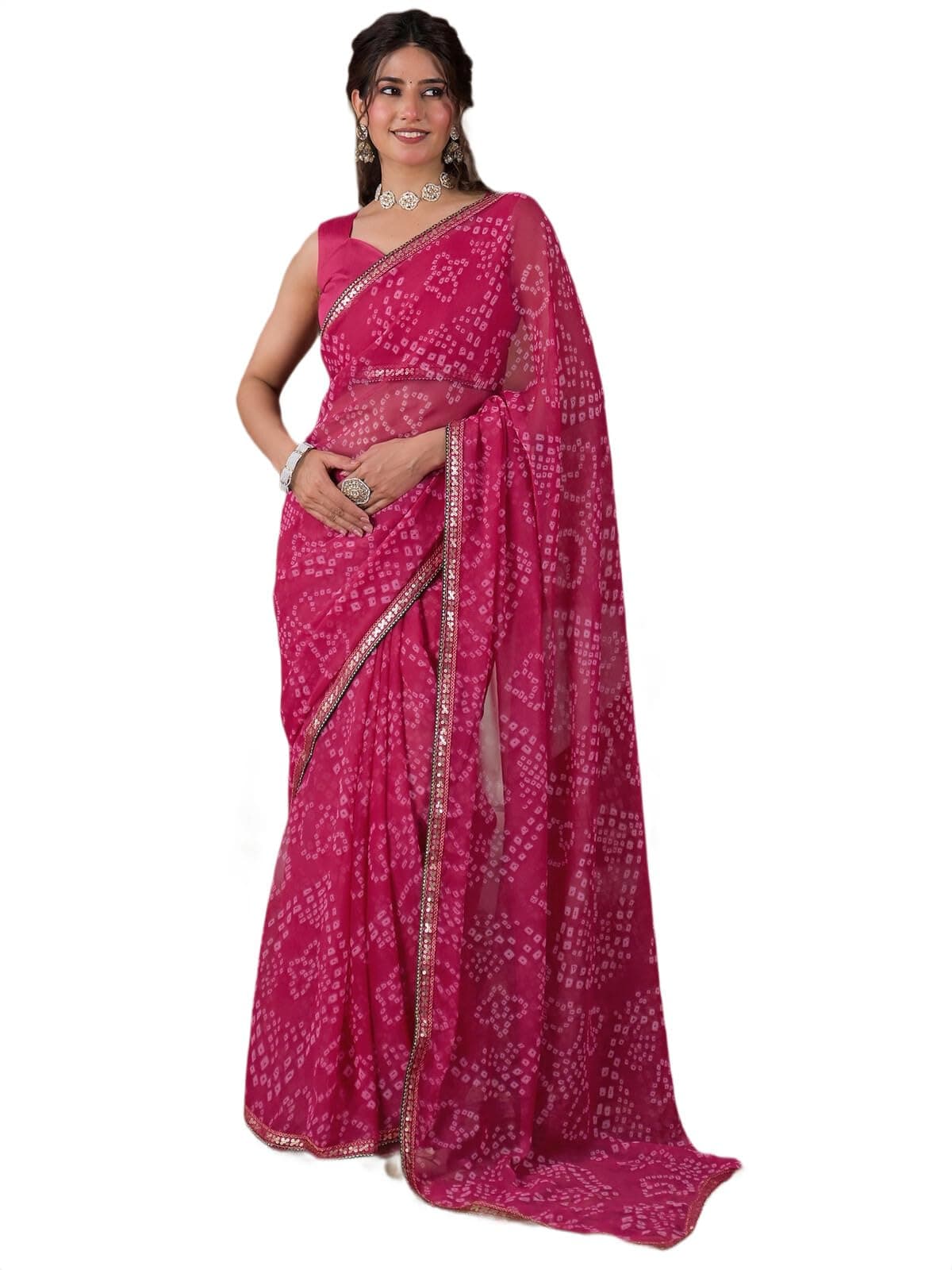 SIRIL Women's Chiffon Bandhani Printed Saree with Unstitched Blouse Piece