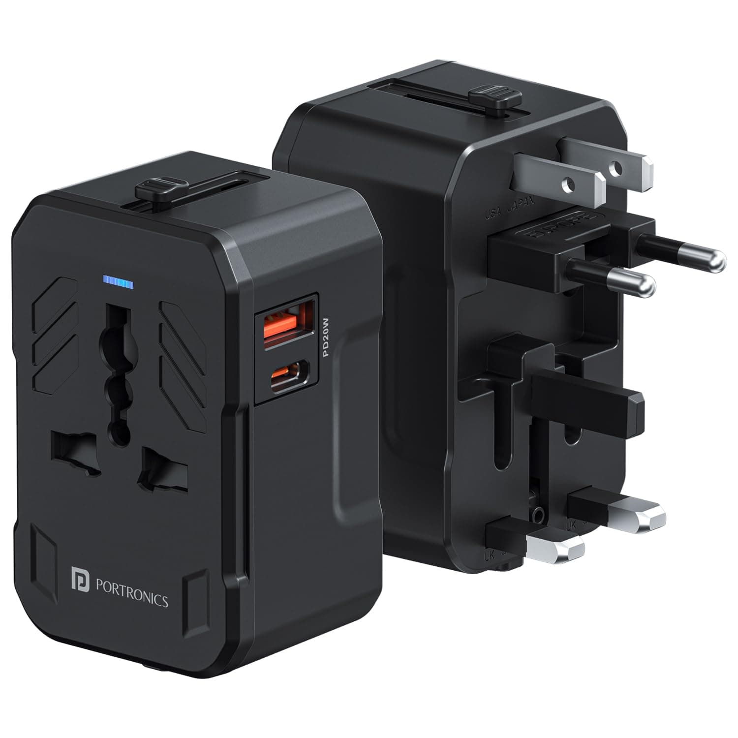 Portronics Juicemate 4 Universal Travel Adapter with 20W Type C PD & 18W USB-A Output Port, All in One International Travel Fast Charging Adapter, Suitable for 200+ Countries US,UK,EU,AUS,Etc(Black)
