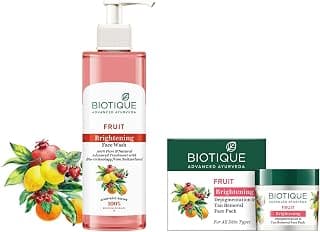 Biotique Fruit Brightning Face Wash, 200ml & Biotique Fruit Brightening Depigmentation & Tan Removal Face Pack For All Skin Types, 75gm