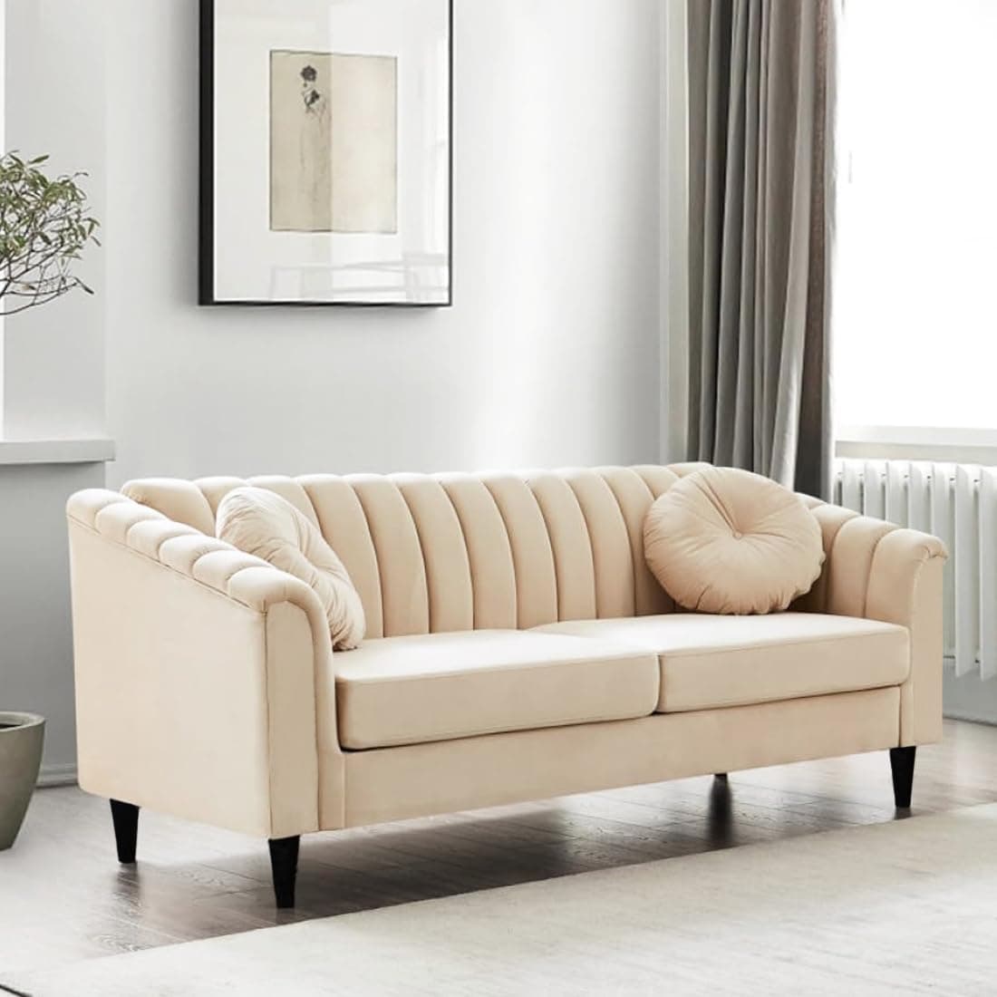 FURNY Dorano 3 Seater Fabric Sofa Set (Cream)