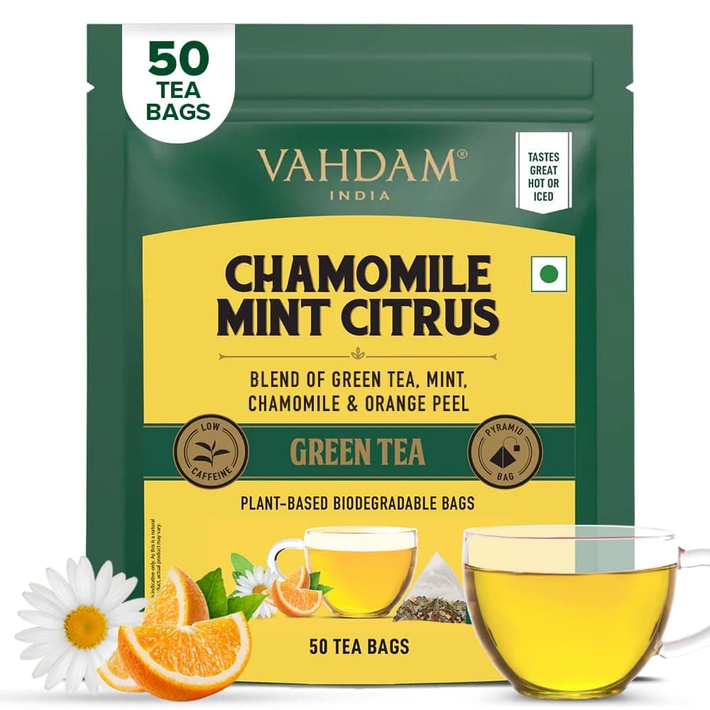 VAHDAM Chamomile Mint Tea - 50 TB | Relaxing, Detoxifying & Vitamin C Boost | With Spearmint, Orange Peel & Lemongrass | 6-Herb Low Caffeine Blend | Non-GMO