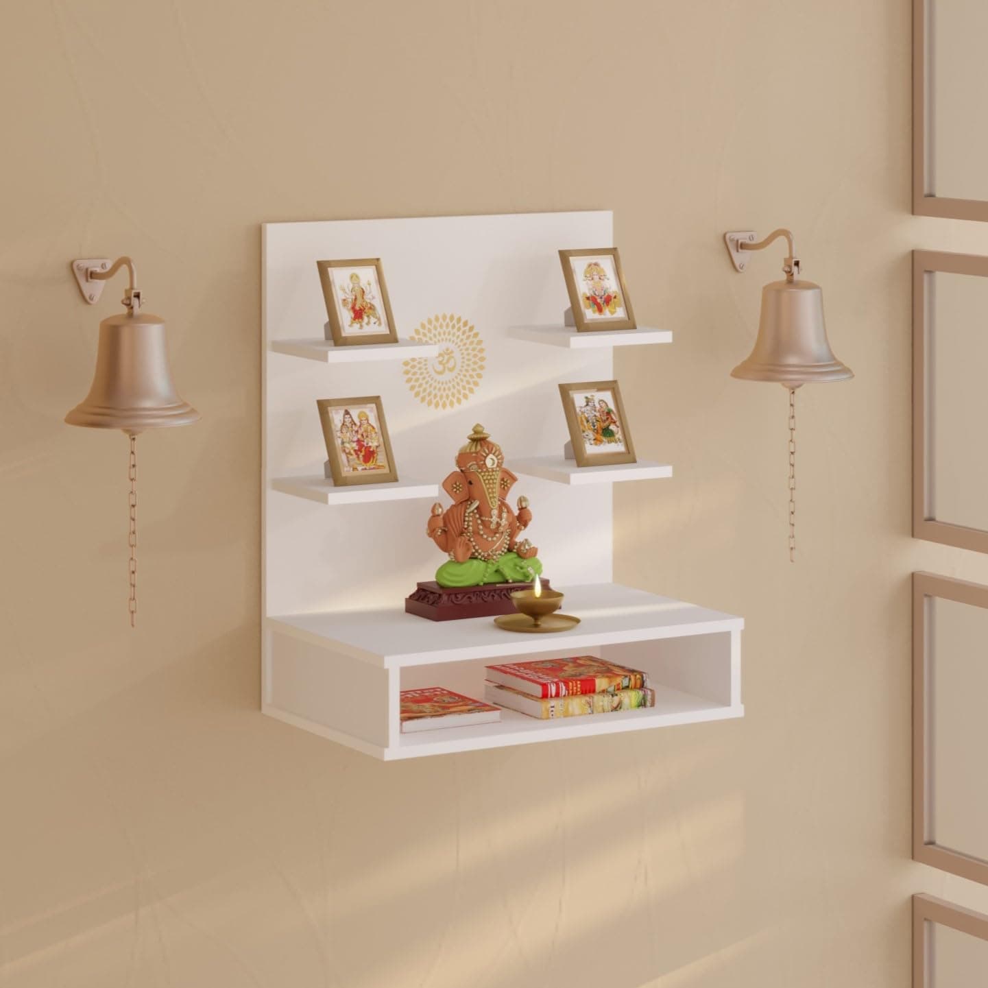 BLUEWUD Dhruv Wall Mount Wooden Mandir for Home, Temple for Home, Pooja Stand with Storage Shelves for Idold & Frames, Compact Mandir Temple Unit for Shops & Office (White)