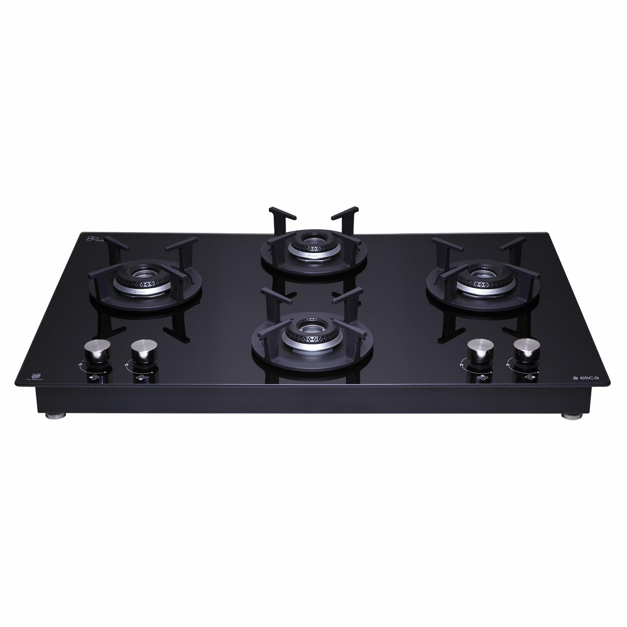 Elica 70cm 4 Burner Hob | Auto Ignition | SABAF Burners | Toughened Glass Top | 5 Year Warranty on Glass | RG FLEXI HCT 470 DX LOTUS BK | Black