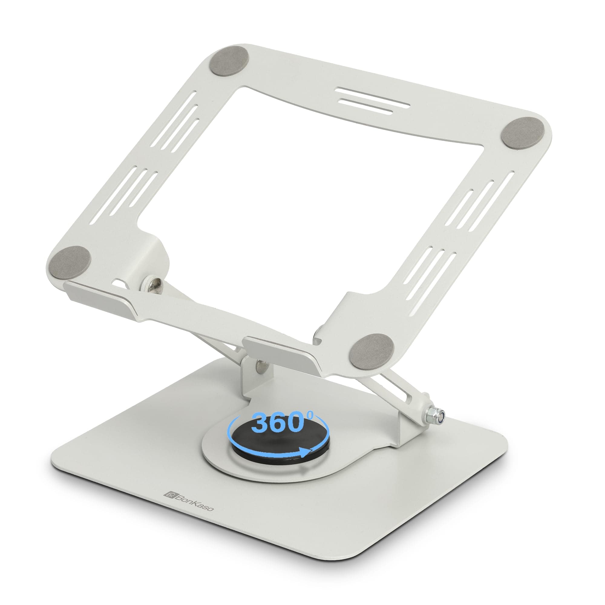BonKaso 360° Rotating Metal Laptop Stand, Height & Angle Adjustable, Foldable Design, Carbon Steel Build, Ventilated Cooling, Supports Up to 5kg, Compatible with Laptops & MacBook (Up to 17.3") |White