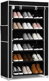 EASY BUY Economy 6 Shelf Black Shoe Rack with Cover, Plastic Rack 6 Shelves with Zip Door Cover & Side Pocket | Dustproof Storage Organizer for Footwear, Clothes, Toy, Shoe Rack Plastic, Slipper Stand