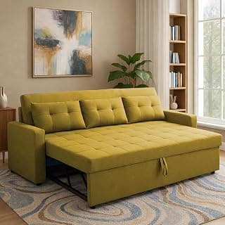 Casaliving Treshta 3 Seater Pull-Out Premium Fabric Sofa Cum Bed Sofa Set for Living Room (Yellow Fabric Color) Premium Fabric Sofa Set for Living Room Sofa Cum Bed