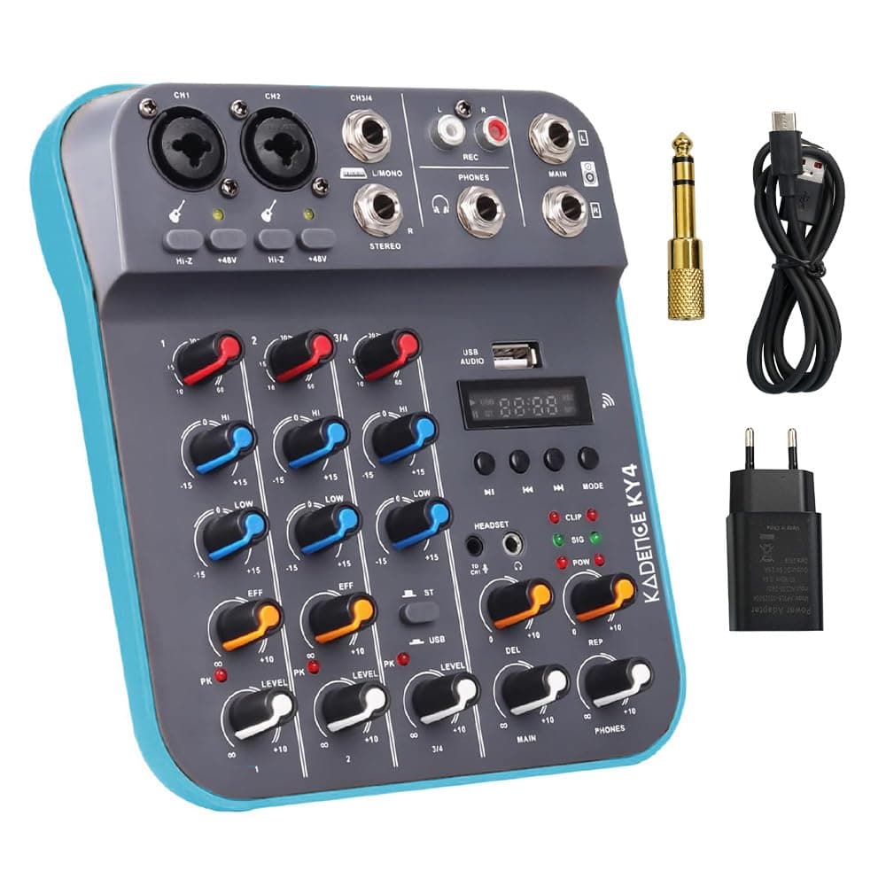 Kadence KY4 Home Series 4-Channel Analog Mixer | 48V Phantom Power with 2-Band EQ, Bluetooth, USB & Built-In FX | For Streaming & Podcasting | Type-C Powered | Blue