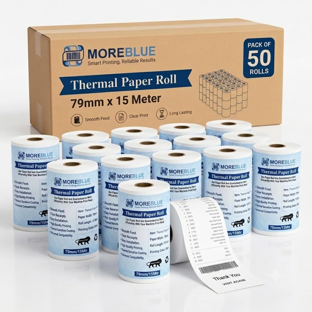 MOREBLUE® Pack of 50 Thermal Paper Rolls, 79mm x 15m POS White Paper Rolls, Smooth Print Billing Paper for Credit Card Machine, POS Printer, Petrol Pump Billing