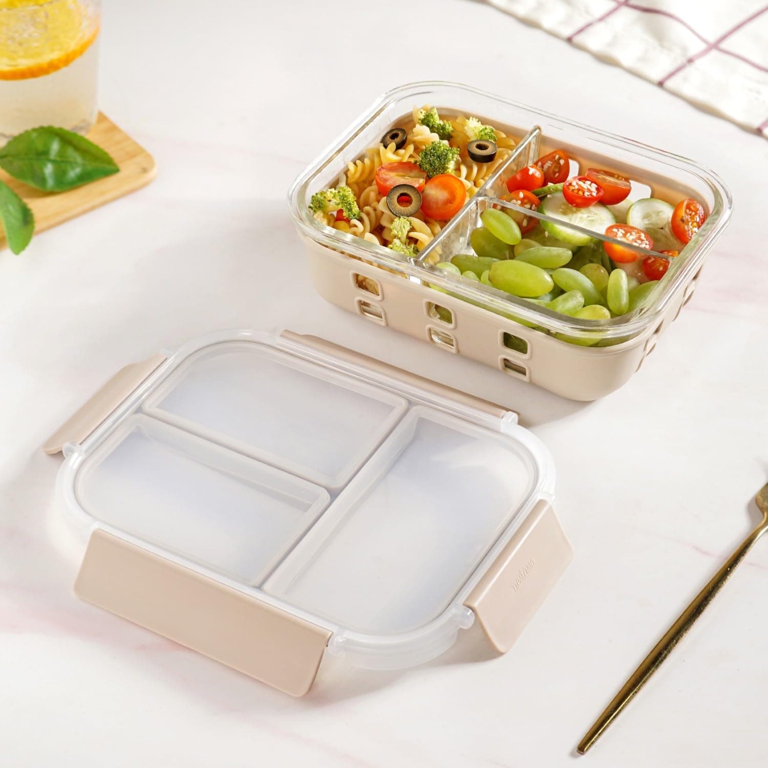 Nestasia Glass Lunch Box with Silicone Sleeve (1000ml) - Borosilicate Glass Lunch Box with 3 Compartments for Office | Microwave & Freezer Safe, Leak-Proof Tiffin Box with Clip Locks (Beige)