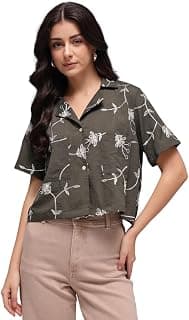 Amazon Brand - INKAST Women Floral Textured Half Sleeve Button Down Tunic Top with Pockets|Camp Collar|Casual Wear|