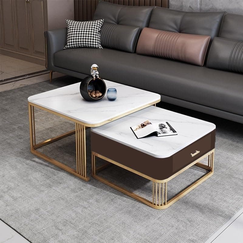 Welbana Modern Nesting Coffee Table Set of 2 Marble Finish Top & Black Metal Frame | Contemporary Center Table with Storage Drawer for Living Room, Bedroom & Office | Space Saving (Black Brown White)