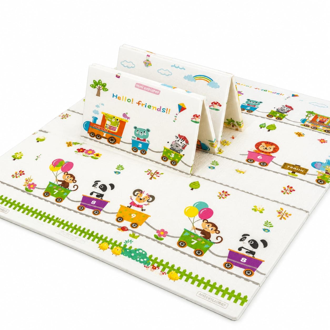 MiniExplorer Double-Sided Waterproof Baby Floor Mat | Extra Large 6.5 x 4.5 ft | 8mm Thick Foam Play Mat | BPA Free, Foldable, Reversible Crawling & Tummy Time Mat for Babies & Kids - Alphabet & Train