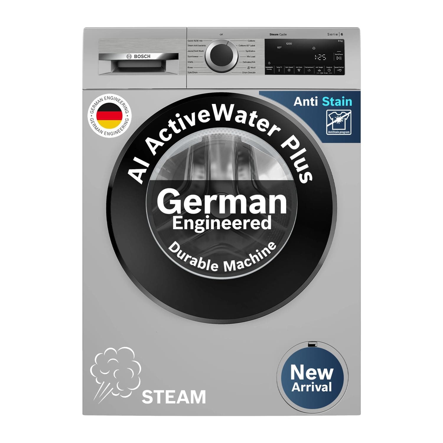 Bosch 9 kg 5 Star Front Load Fully Automatic Washing Machine, AI ActiveWater, Automated Dosing of Detergent, Antibacterial Tech, 14 Wash Programs, 53L Large Drum, Silver,WGA242ISIN (2026 Model)