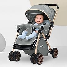 StarAndDaisy Foldable Baby Stroller for 0-3 years Infant & Toddler / Travel Pram for Baby with 360° Swivel Lockable Front Wheels , Multi-Level Recline & Adjustable Footrest, Detachable Tray , 5-Point safety Belt -Grey