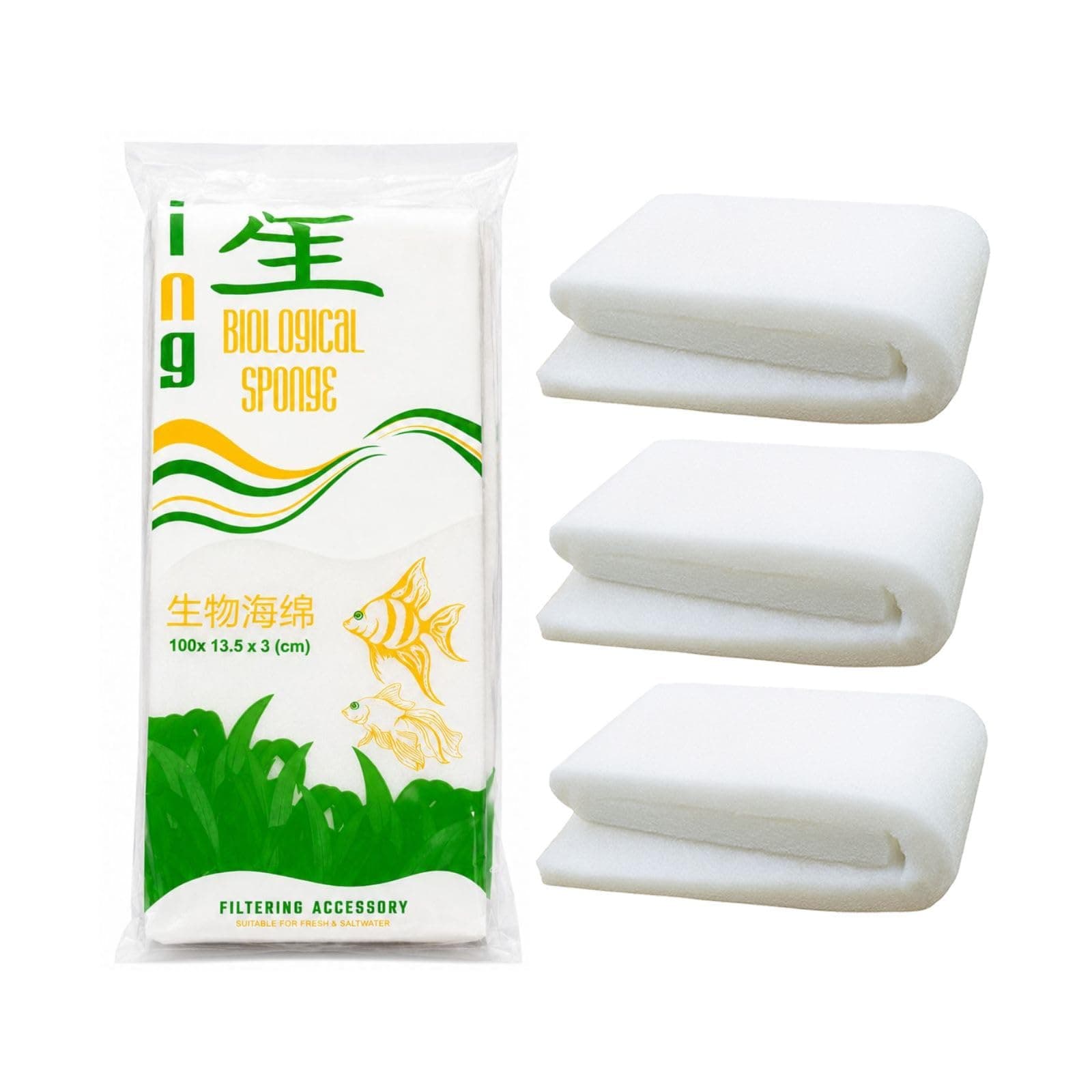 Biological Filter Sponge for Aquarium, Biological White Cotton Filtration Sponge, Non-Toxic for Fresh and Salt Water (100x13.5x3cm) Pack of 3