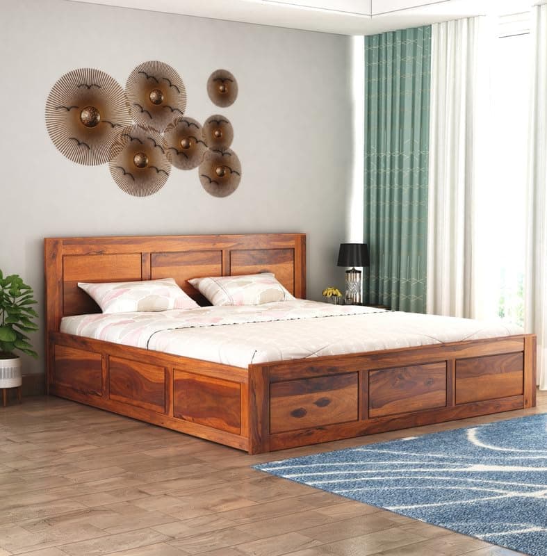 RJ ART Wooden King Size Bed with Storage | Double Bed Cot Bed with Box Storage for Bedroom & Hotel | Sheesham Wood, Honey Finish, Recommended Mattress Size: 78 X 72