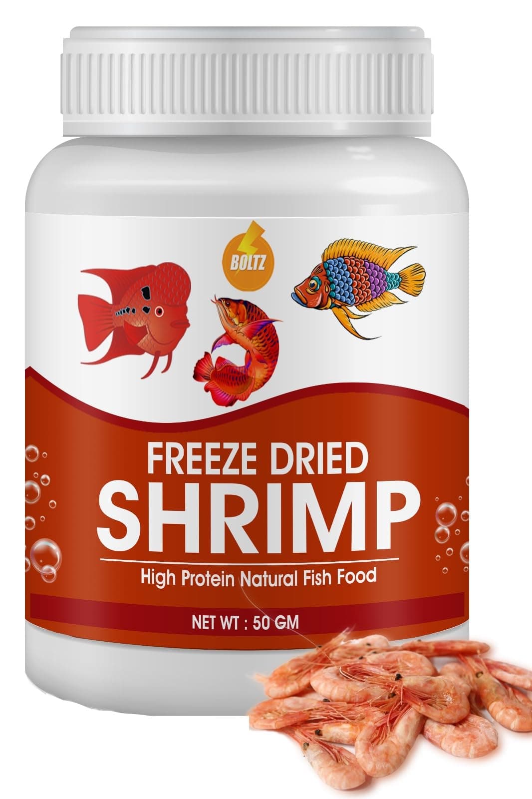 BOLTZ Freeze Dried Shrimp 50gm, Food for Discuss, Arowana, Cichlid, Flowerhorn, Oscar Red Parrot & Other Carnivorous Fish, Natural Food for Freshwater and Marine Fish for All Life Stages (Pack of 1)