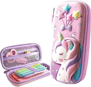 Sanghariyat 3D Unicorn Pencil Case, Cute Large Capacity Pen Box, Girls, 3D Eva Stationery Box Pink Pencil Pouch Organizer Compartments Cosmetic Zip Pouch Bag School Supplies, Kids Students - Canvas
