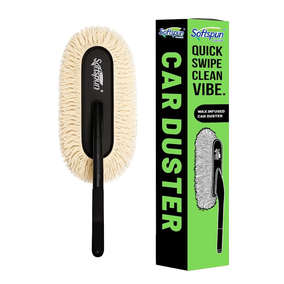 SOFTSPUN Essentials Car Duster – Off White, Long-Handle Lint-Free & Scratch-Free Car Cleaner Brush with SiO2 Wax Infused Cotton Strands for Enhanced Dust Removal (Exterior Car Cleaning Tool)