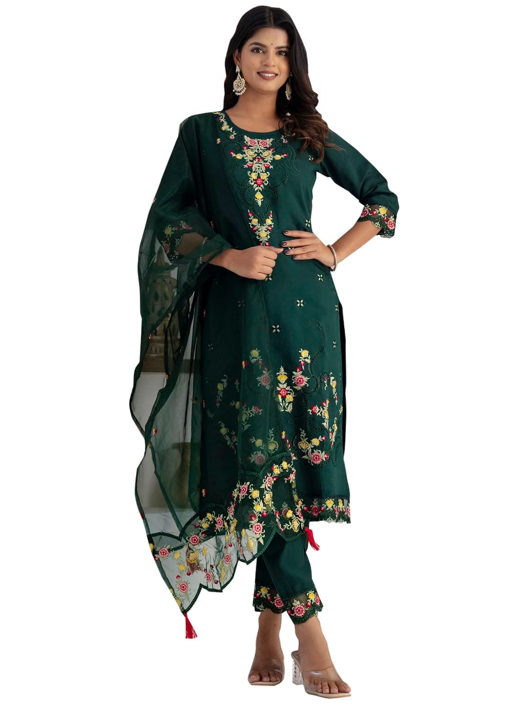 VredeVogel Women's Silk Blend Embroidery Kurta Pant Set with Inner & Organza Dupatta | Kurta Set for Women Occasions