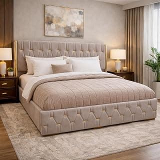 Royal Aura Upholstered Queen Size Bed with Box Storage for Bedroom | Elegant Wooden Double Bed with Storage | Platform Cot Palang with Tufted Headboard | 6.5 x 5 Ft | Sheesham Wood | Navy