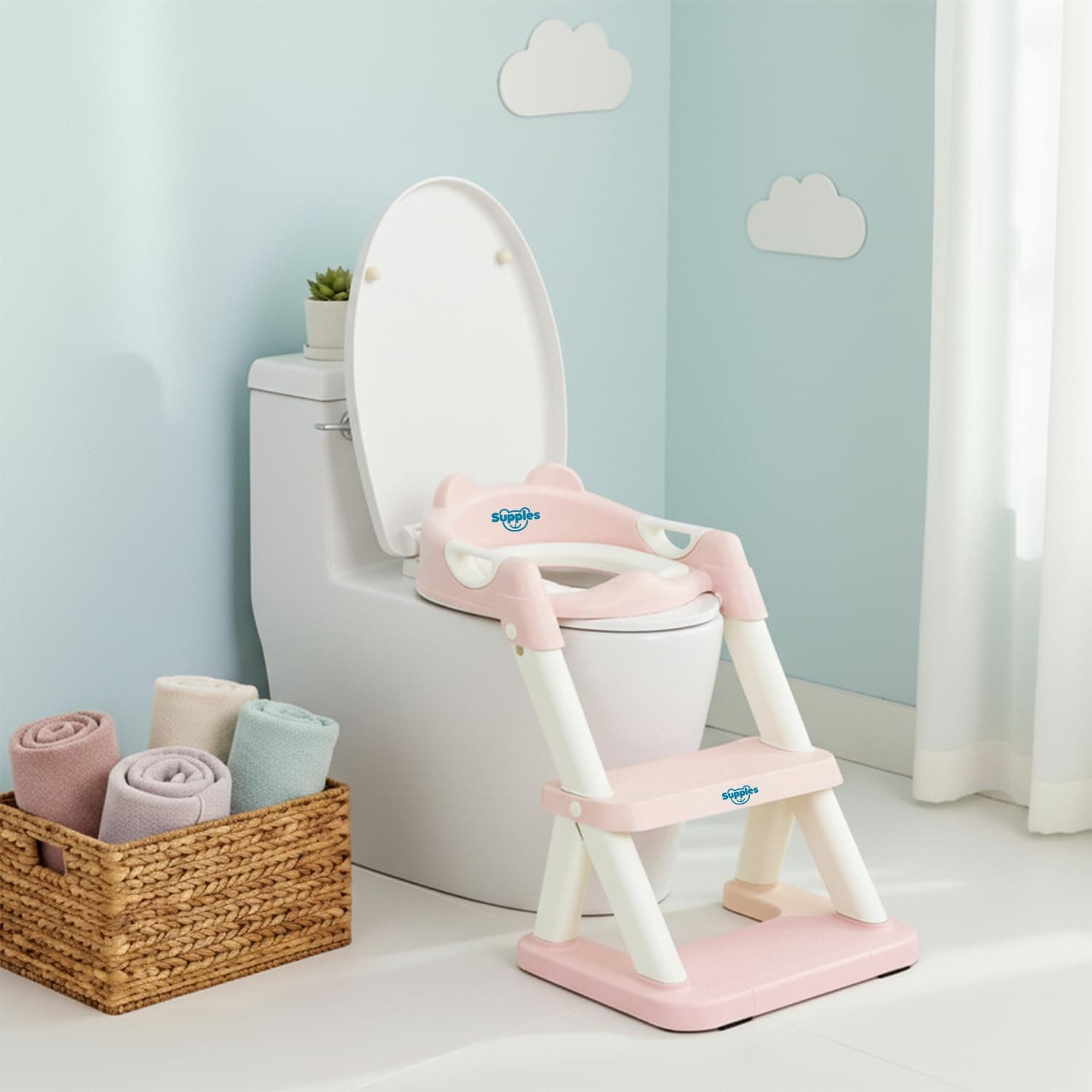 Amazon Brand - Supples Baby Potty Training Seat with Ladder | Fits All Standard Toilets | for 2+ Year Old | Safe, Comfortable & Easy to Use | Pink & White
