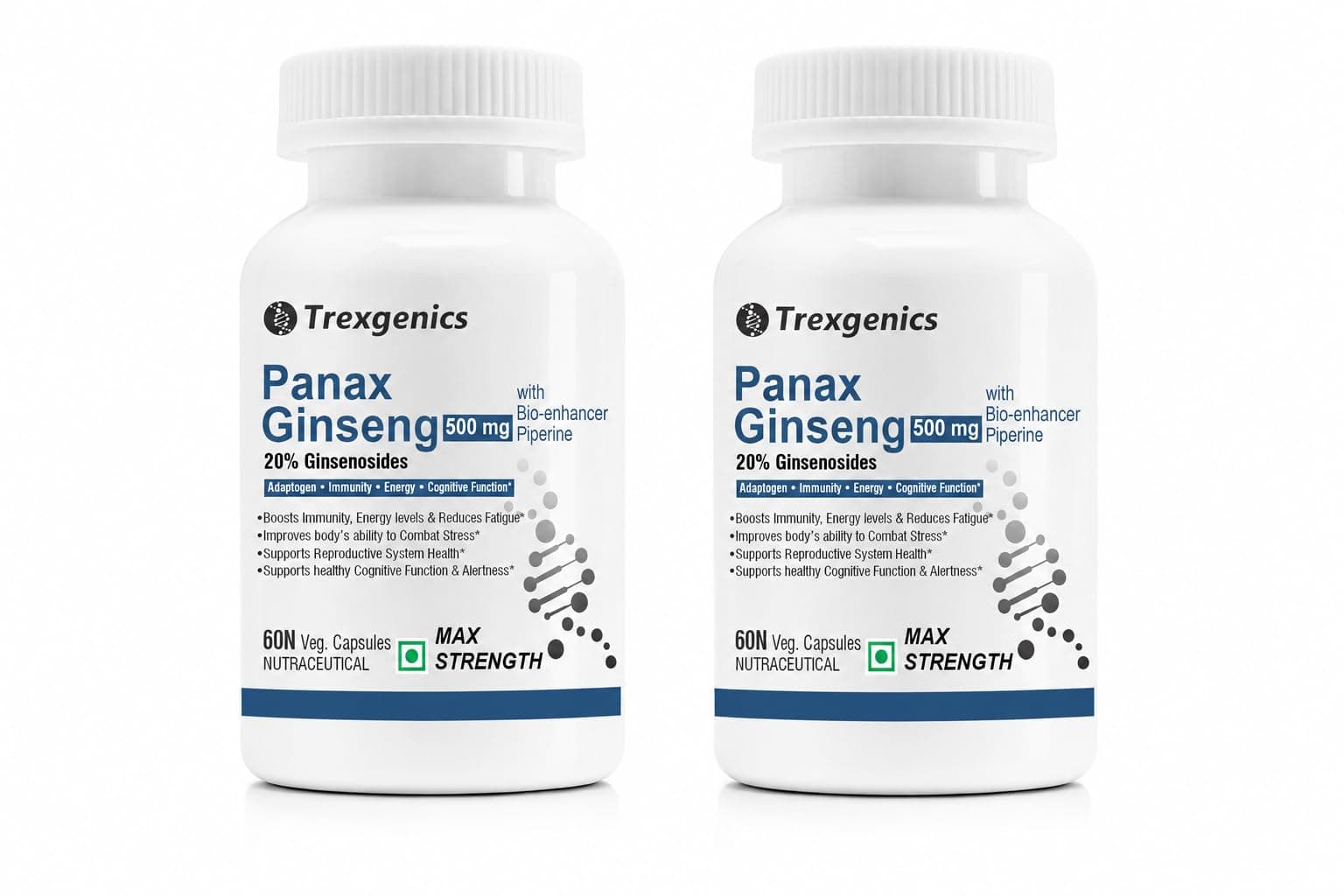 Trexgenics PANAX (Red/Korean) GINSENG 20% Ginesenosides 500mg Premium with Bio-enhancer Piperine 5mg Adaptogen, Immunity, Energy, Cognitive Function(60 Vcaps) (2)