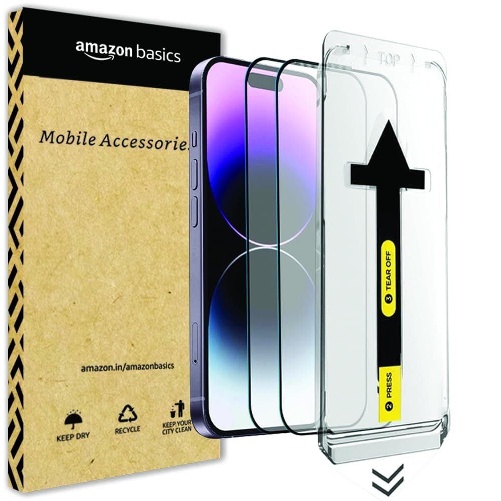 Amazon Basics Easy Fit Tempered Glass Screen Protector Guard for iPhone 14 Pro (Pack of 2)