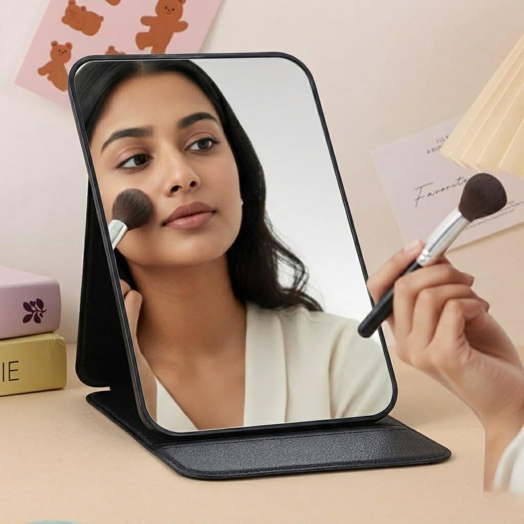 Eletree Frameless Foldable HD Glass Makeup Mirror with Adjustable Stand Standing Travel Vanity Mirror Compact Tabletop Desk Mirror for Makeup, Travel, Office, Home Use (16x11cm) (Black Big)