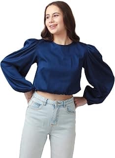 Zink London Women's Blue Solid Puff Sleeve Top