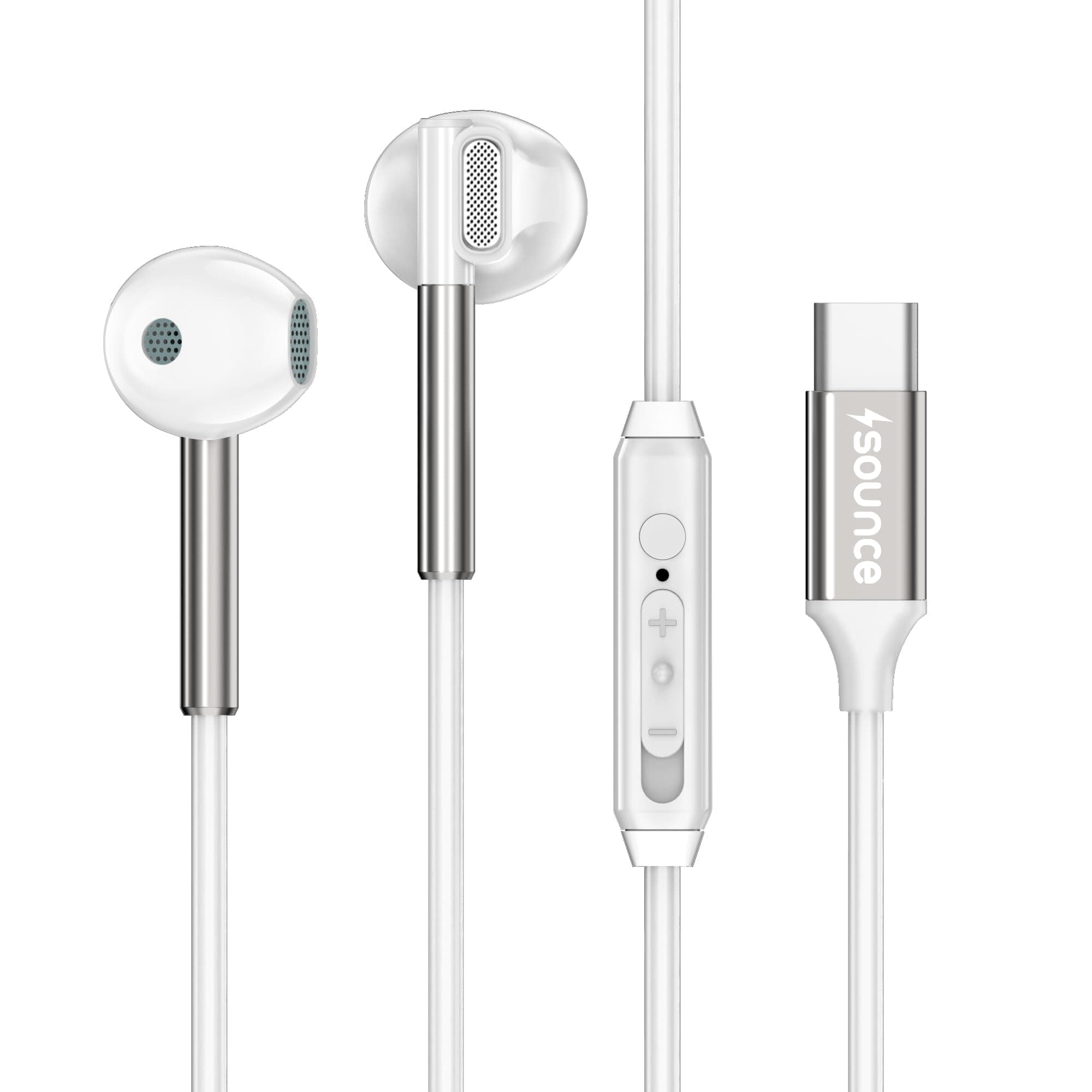 Sounce HyperC Type-C Wired Earphones with 14.2mm Dynamic Drivers, HD Mic, Deep Bass Stereo Sound, Ergonomic Noise-Isolating Earbuds, TPE Cable, Smart in-Line Controls for Superior Audio (White)