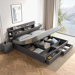 Royaloak Luxe King Size Bed with Storage | HDF King Size Wooden with Hydraulic Storage & Melamine Finish | Waterproof Double Upholstered Headrest | Hydraulic, USB Connection