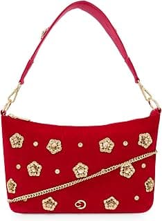 Caprese Sapphire Small Hobo Bag for Women | Embroidery Velvet Sling Bag with Decorative Metal Flowers & Detachable Chain | Ideal for Festive Occasions