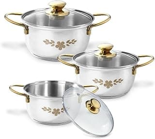 Wonderchef Gold Stanton Stainless-Steel 3 Pc Casserole Set with Glass Lid for Kitchen & Dining, Gas Stove & Induction Friendly, 1.6L, 2.3L, 3.1L, Perfect Gift for Festivals & Occasions, 1-Yr Warranty