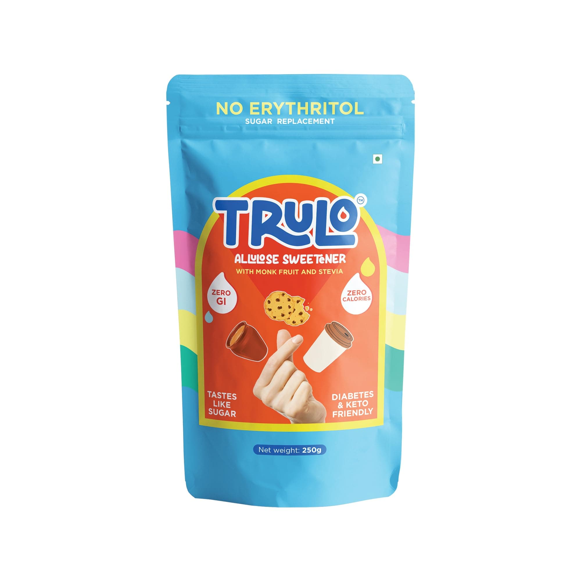 Trulo Allulose Sweetener with Monk Fruit and Stevia | NO ERYTHRITOL | Natural Zero GI Sugar Replacement | Zero Calorie, Keto & Diabetes Friendly | For Beverages, Baking & Desserts 250g
