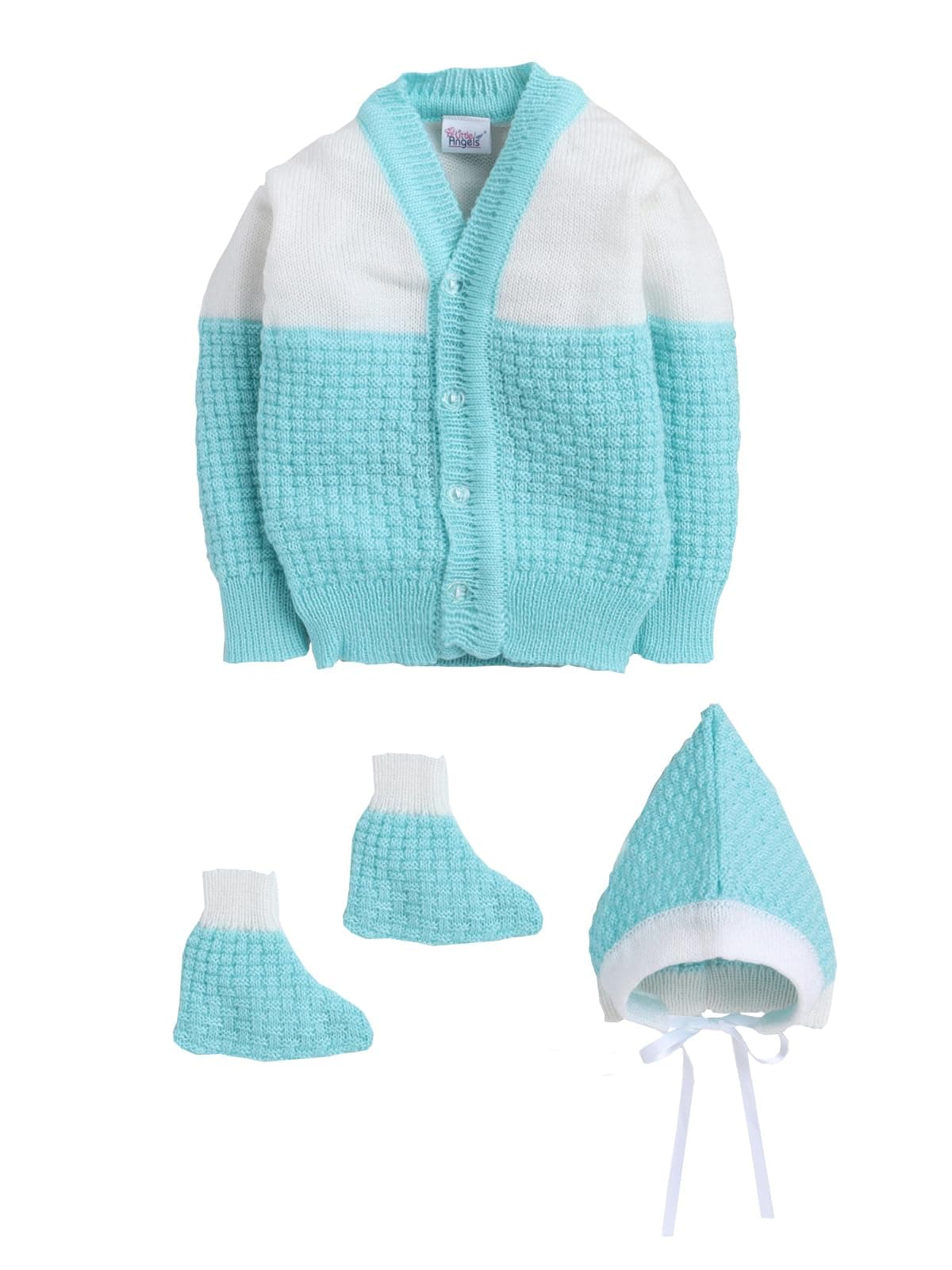 Little Angels 3-Piece Baby Woollen Sweater Set | Soft Full Sleeves V-Neck Checkered Sweater, Cap & Socks | Knitwear for Newborn Boys & Girls (0–12 Months)