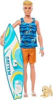 Barbie ​Ken® Doll with Surfboard and Pet Puppy, Poseable Blonde Ken® Beach Doll with Themed Accessories Like Towel