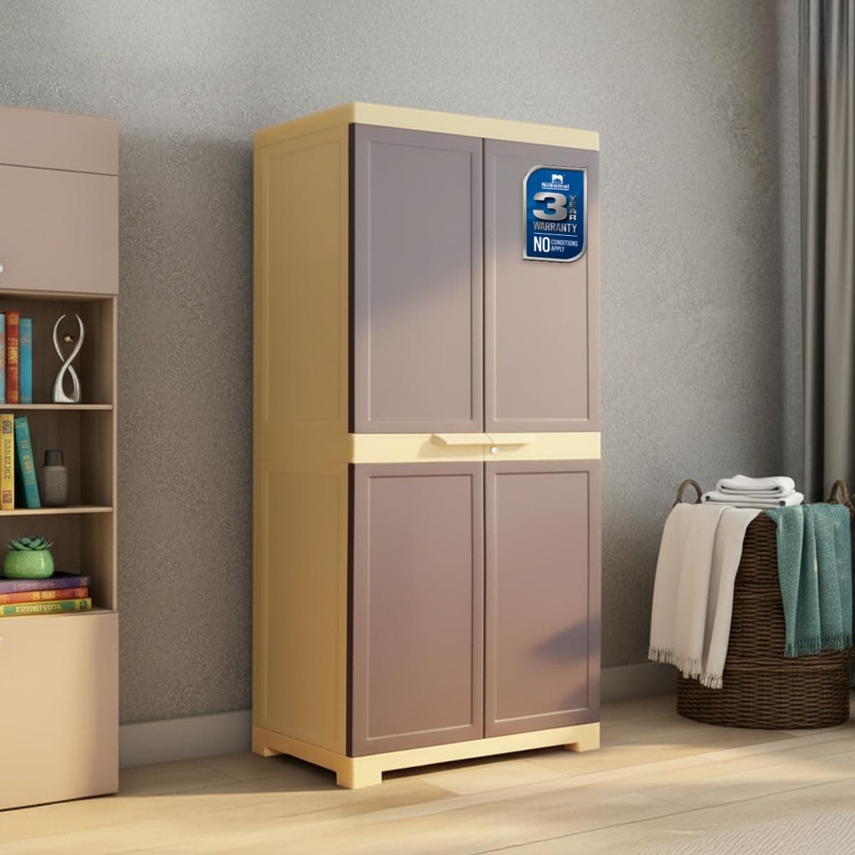 Nilkamal Freedom Big FMM Plastic Cabinet | 3-Year Warranty | 4-Shelf Storage Cupboard with Doors | Multi Organiser for Home, Wardrobe, and Kitchen | Clothes Rack, Shelves, Brown & Biscuit Colour
