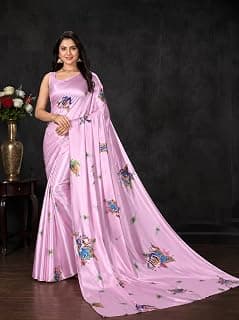 Generic Pink Satin Saree with Multicolour Floral Print, Women's Traditional Ethnic Wear